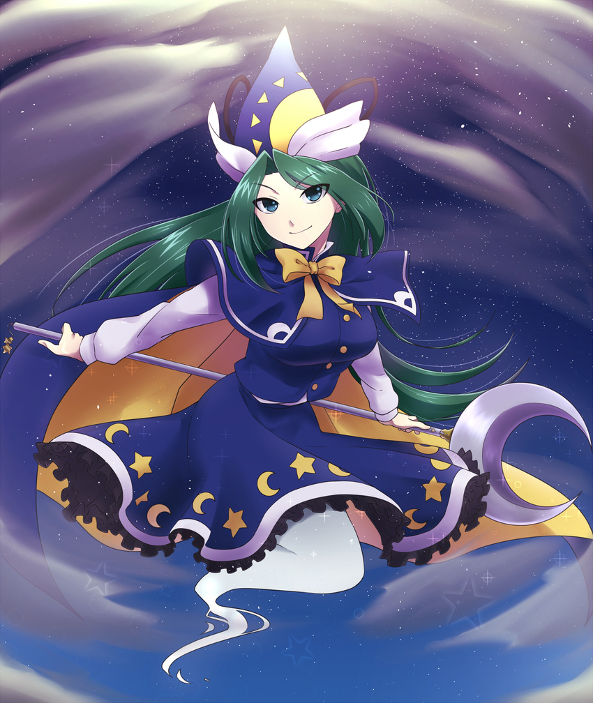 blue_capelet blue_eyes cape capelet cloud crescent dark_green_hair ghost_tail green_hair hat highres long_hair long_sleeves looking_at_viewer mima polearm shiori_(aid19815) shirt skirt skirt_set smile solo sparkle star star_(sky) touhou touhou_(pc-98) vest weapon wizard_hat