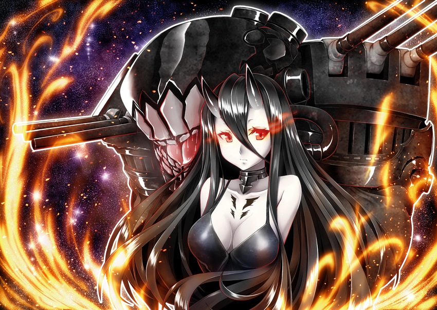 battleship_hime black_dress black_hair breasts cleavage collar dress fire gekato glowing glowing_eyes highres horns kantai_collection large_breasts long_hair outline red_eyes shinkaisei-kan sky solo star_(sky) starry_sky upper_body very_long_hair white_skin