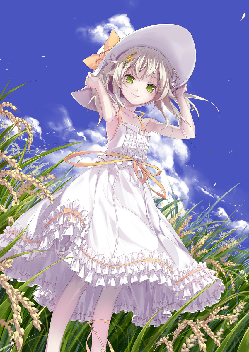 adjusting_clothes adjusting_hat bare_shoulders blue_sky bow cloud collarbone day dress dutch_angle flower frilled_skirt frills green_eyes hair_flower hair_ornament hands_on_headwear hat hat_bow highres izumi_(nagashi) looking_at_viewer outdoors pale_skin ribbon skirt sky smile solo standing sun_hat sundress twintails white_hair white_hat yellow_bow
