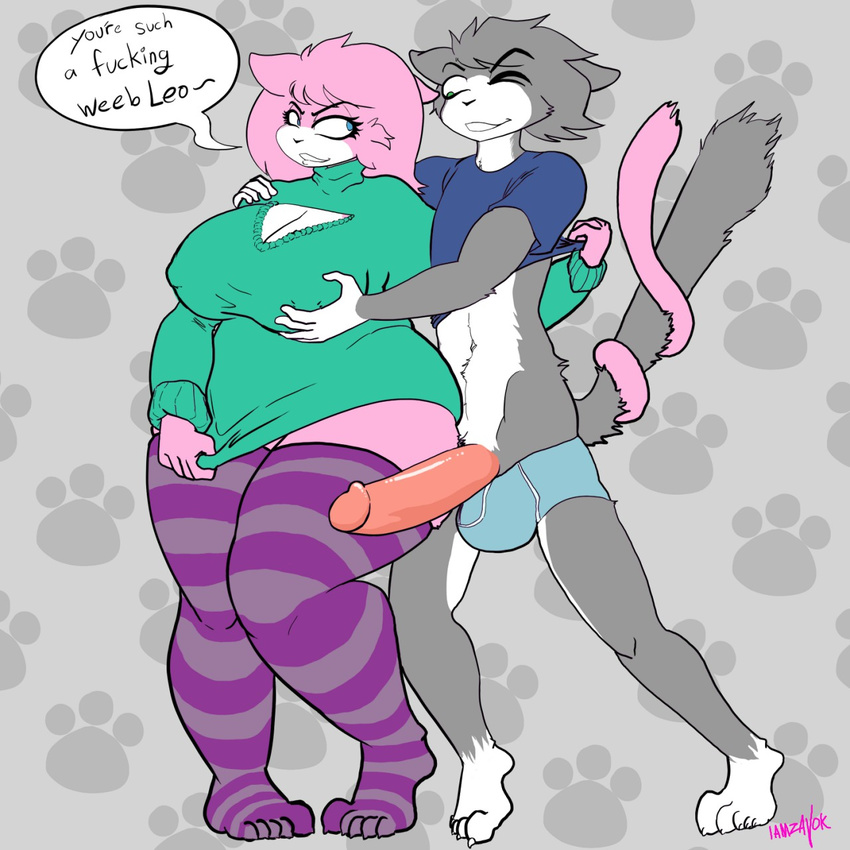2015 aeris_(vg_cats) anthro big_breasts blinking blue_eyes breast_grab breasts cat clothing dialogue duo entwined_tails feline female fur green_eyes grey_fur grey_hair hair hand_on_breast huge_breasts iamzavok legwear leo_(vg_cats) male mammal penis pink_fur pink_hair shirt slightly_chubby smile stockings sweater underwear vg_cats