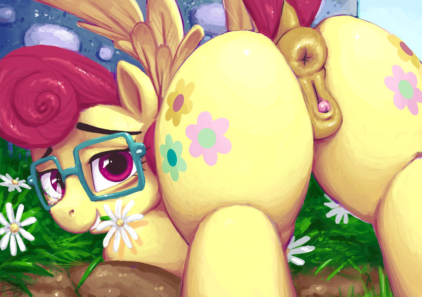 2016 absurd_res anatomically_correct anatomically_correct_pussy animal_genitalia animal_pussy anus butt clitoris cutie_mark dock equine equine_pussy eyelashes eyewear feathered_wings feathers female feral flower friendship_is_magic glasses hair hi_res looking_at_viewer mammal mrs_shy_(mlp) my_little_pony outside pegasus plant pussy rear_view selenophile solo wings