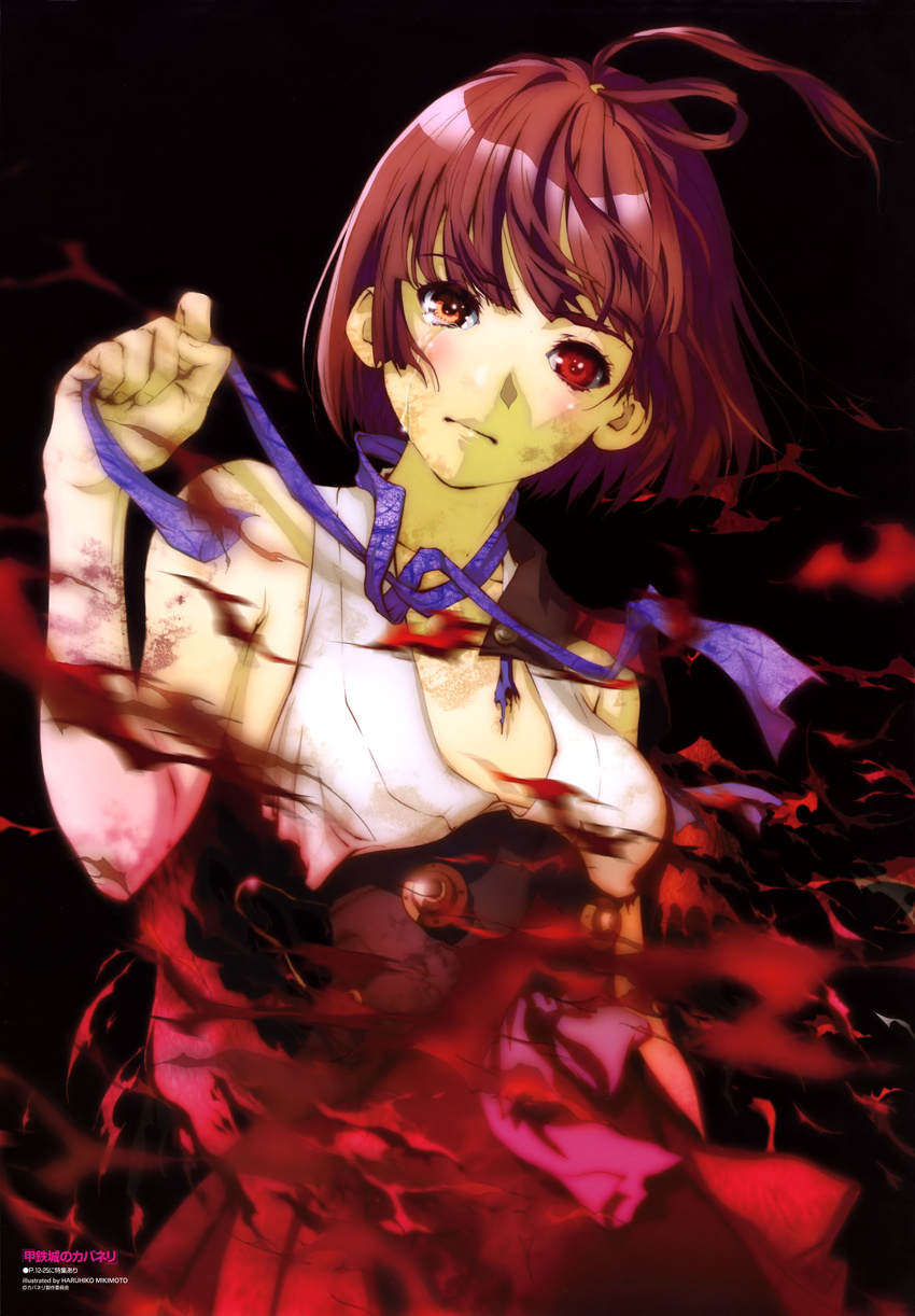 absurdres armpits bangs bare_shoulders blue_bow blue_neckwear blunt_bangs bow bowtie breasts brown_hair choker close-up corset covered_nipples detached_sleeves eyebrows eyebrows_visible_through_hair heterochromia highres japanese_clothes kimono koutetsujou_no_kabaneri long_sleeves looking_at_viewer mikimoto_haruhiko mumei_(kabaneri) official_art purple_bow red_eyes revision ribbon_choker short_hair sleeveless sleeveless_kimono small_breasts solo tears topknot underbust