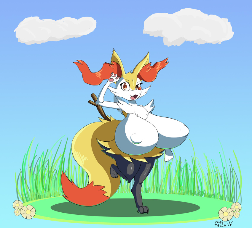 anthro big_breasts black_fur braixen breasts brown_eyes chest_tuft ear_tuft erect_nipples female fur huge_breasts nintendo nipples nude open_mouth pok&eacute;mon pose raised_arm salute smile solo stick tuft vant_talon video_games white_fur yellow_fur