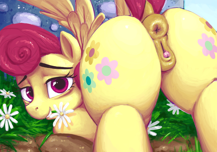 2016 absurd_res anatomically_correct anatomically_correct_pussy animal_genitalia animal_pussy anus butt clitoris cutie_mark dock equine equine_pussy eyelashes feathered_wings feathers female feral flower friendship_is_magic hair hi_res looking_at_viewer mammal mrs_shy_(mlp) my_little_pony outside pegasus plant pussy rear_view selenophile solo wings