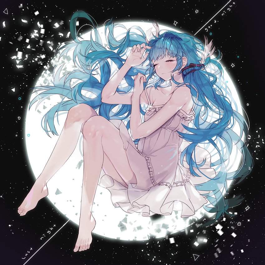 barefoot blue_eyes blush closed_eyes dress hatsune_miku highres last_night_good_night_(vocaloid) long_hair moon off_shoulder sleeping solo twintails utut very_long_hair vocaloid