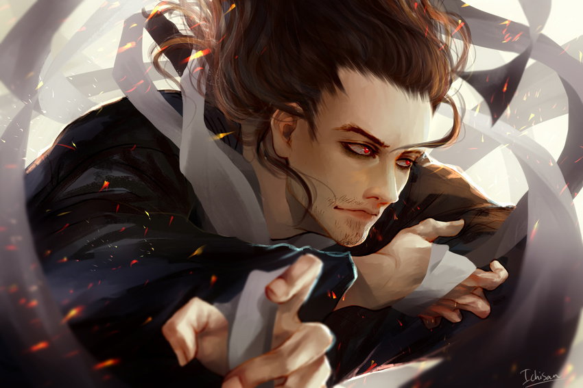 aizawa_shouta artist_name boku_no_hero_academia brown_hair commentary_request embers facial_hair fighting_stance hair_between_eyes highres ichisan long_hair looking_to_the_side male_focus realistic red_eyes scarf solo stubble white_background
