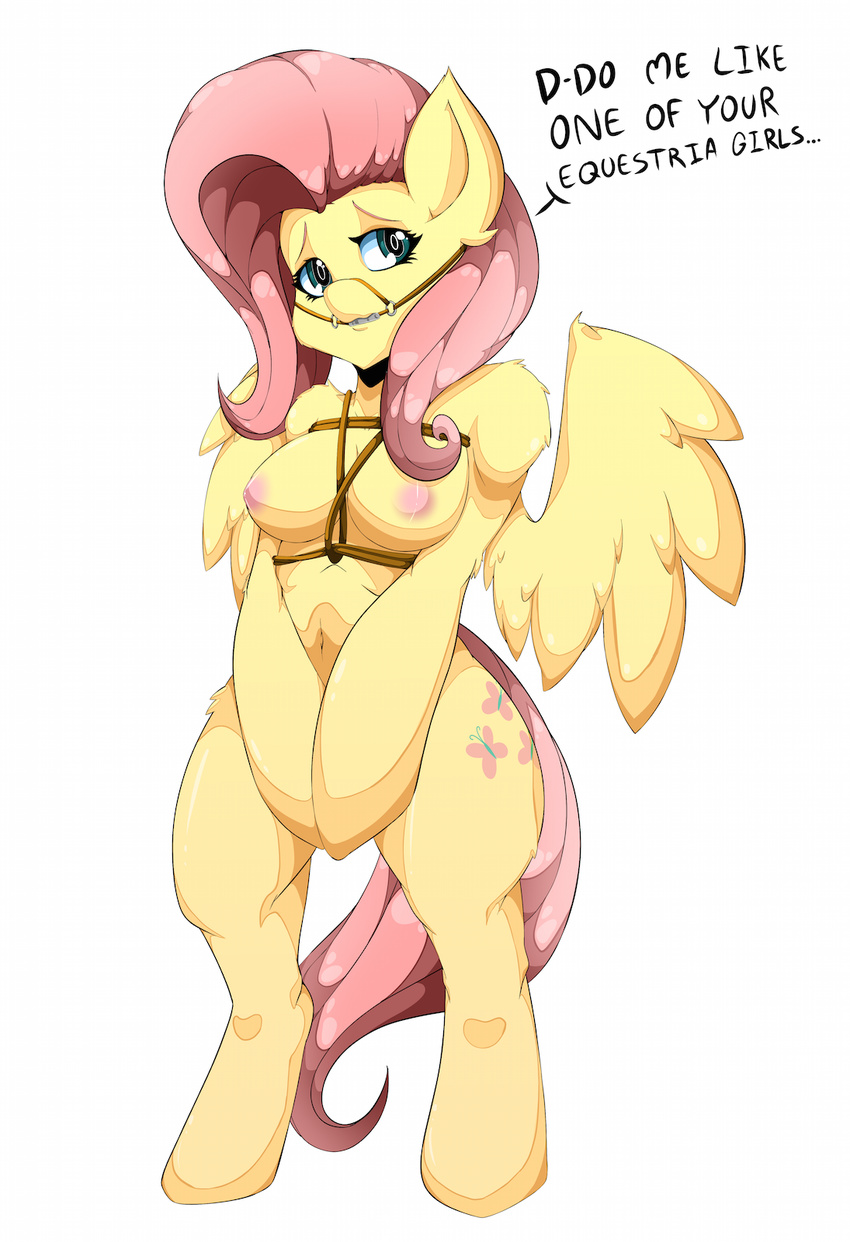 anthro areola breasts cutie_mark english_text equine female fluttershy_(mlp) friendship_is_magic fur hair half-closed_eyes looking_at_viewer mammal my_little_pony nipples open_mouth pegasus pink_hair reins simple_background solo standing text thetroon white_background wide_hips wings yellow_fur