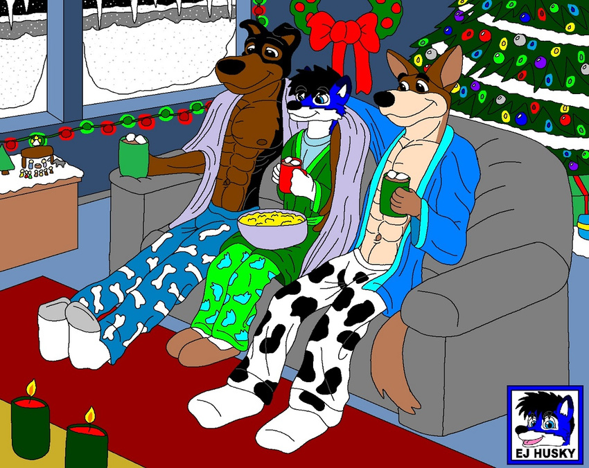 anthro buster_(lady_and_the_tramp) canine christmas clothed clothing doberman dog german_shepherd holidays male mammal muscular nipples snow thunderbolt topless