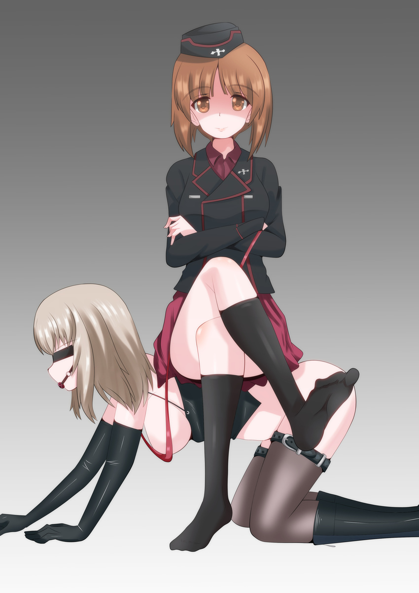 absurdres all_fours bdsm blush bondage bottomless bound brown_hair crossed_legs girls_und_panzer gloves highres human_chair human_furniture itsumi_erika leash military military_uniform mount multiple_girls nishizumi_miho no_bra q-tarou qtaro999999 short_hair sitting sitting_on_person skirt socks thighhighs uniform white_hair yuri