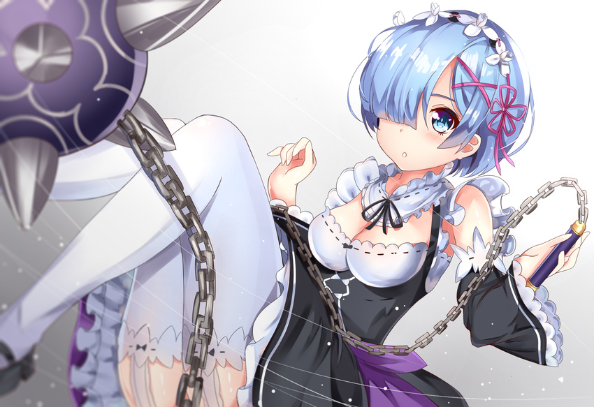 :o ball_and_chain blue_eyes blue_hair breasts chain cleavage detached_collar detached_sleeves dress eyebrows flail frilled_dress frilled_sleeves frills hair_ornament hair_over_one_eye highres holding holding_weapon looking_at_viewer maid maid_headdress mary_janes medium_breasts nahaki open_mouth re:zero_kara_hajimeru_isekai_seikatsu rem_(re:zero) ribbon-trimmed_clothes ribbon-trimmed_collar ribbon-trimmed_sleeves ribbon_trim shoes short_hair solo spiked_mace thighhighs underbust weapon white_legwear x_hair_ornament