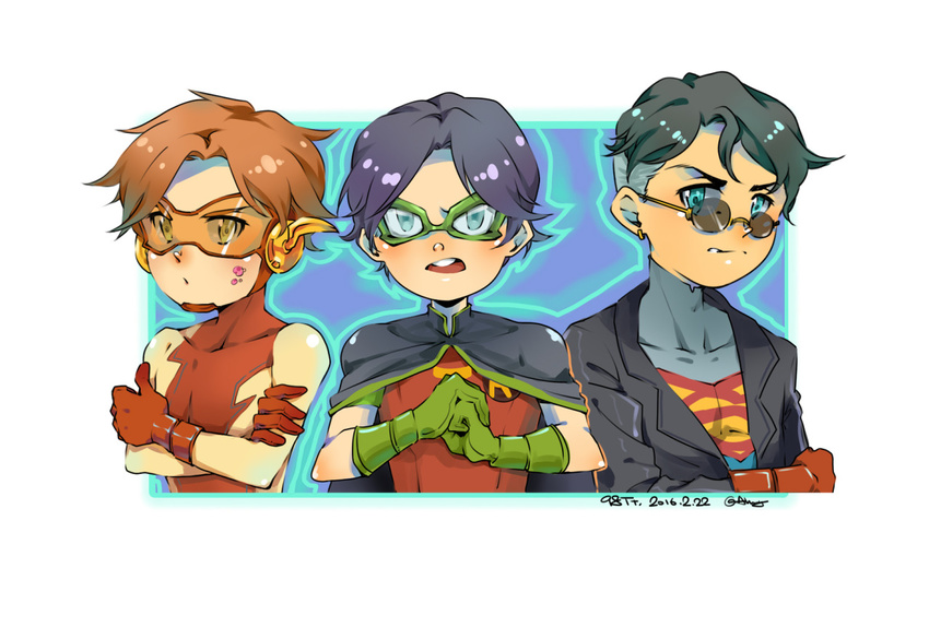 3boys bart_allen black_hair blue_eyes brown_hair cape crossed_arms dated dc_comics domino_mask earring gloves goggles green_gloves impulse jacket kon-el male_only mask multiple_boys red_gloves robin_(dc) sunglasses superboy tim_drake yellow_eyes young_justice