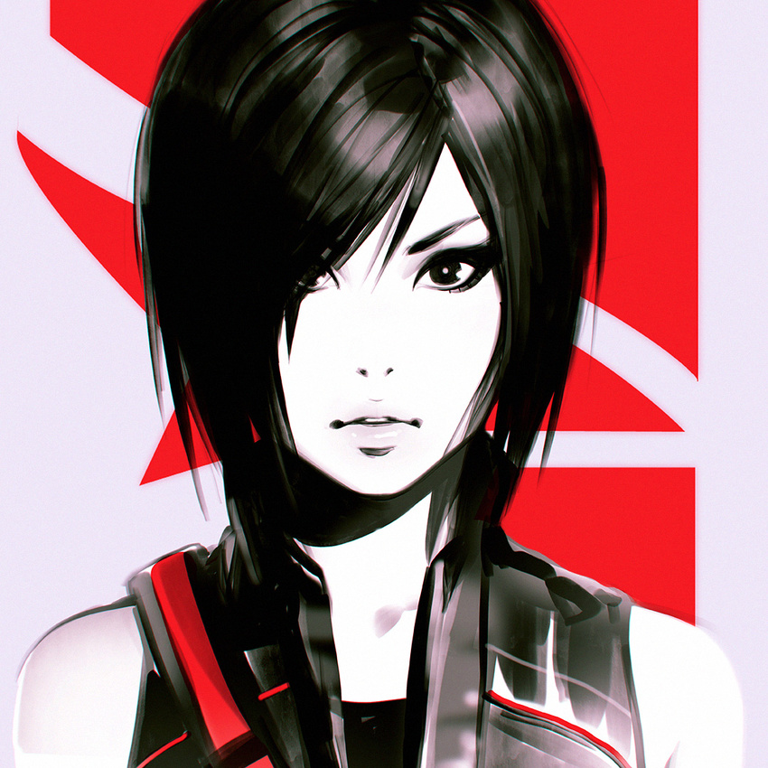 bangs bare_shoulders black_eyes black_hair facial_tattoo faith_connors hair_over_one_eye ilya_kuvshinov lips looking_at_viewer mirror's_edge mirror's_edge_catalyst monochrome parted_lips portrait short_hair solo spot_color tattoo vest