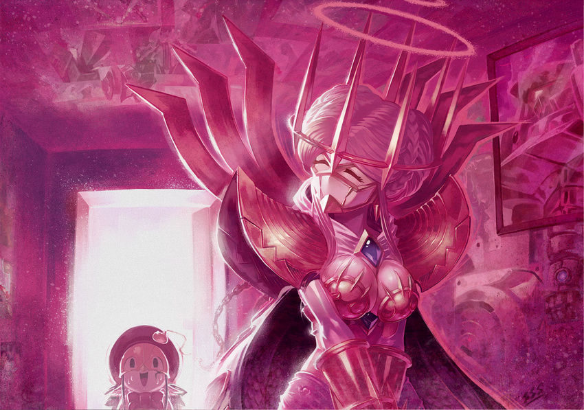 ^_^ armor beret braid breastplate breasts cape chain cleavage closed_eyes covered_mouth digimon door doorknob doorway double_halo elaborate_armor gem gloves goddess gold_armor green_hair grey_hair hair_up halo hat headgear hidden_mouth highres junomon kazkazkaz large_breasts mask monster multiple_girls no_humans photo_(object) pink ribbon seirenmon shiny shiny_skin shocked_eyes shoulder_pads smile surprised sweat sweatdrop