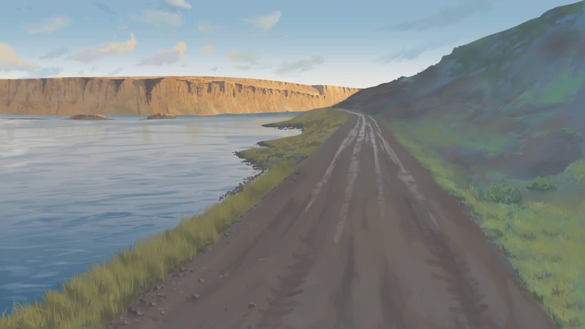 bad_pixiv_id blue_sky cliff cloud commentary day fateline_alpha grass highres hill iceland no_humans ocean original outdoors plant puddle road rock scenery shore sky water