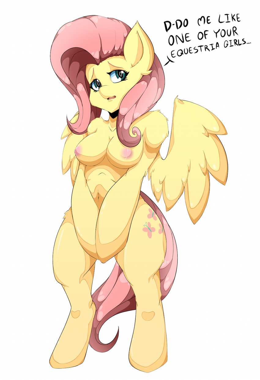 anthro areola breasts cutie_mark english_text equine female fluttershy_(mlp) friendship_is_magic fur hair half-closed_eyes looking_at_viewer mammal my_little_pony nipples open_mouth pegasus pink_hair simple_background solo standing text thetroon tongue white_background wide_hips wings yellow_fur