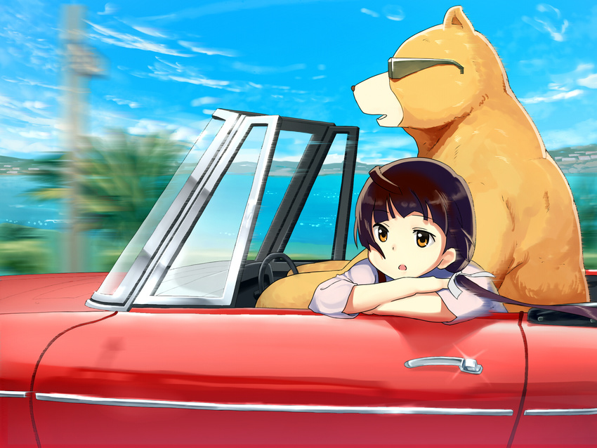 amayadori_machi animal bangs bear black_hair blue_sky bored brown_eyes brown_hair car commentary_request day driving floating_hair from_side glint ground_vehicle hair_ribbon highres kumai_natsu kumamiko long_hair low_twintails motion_blur motor_vehicle mountain ocean outdoors profile ribbon road_sign sign sky sunglasses tomitayaki tree twintails wind