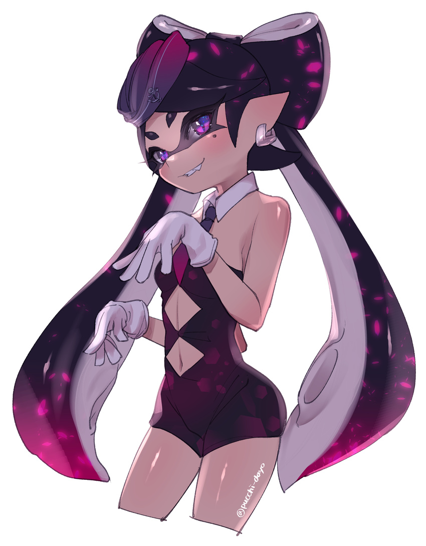 absurdres aori_(splatoon) bare_shoulders black_hair fang highres long_hair mole mole_under_eye navel no_legwear puchiman simple_background smile solo splatoon_(series) splatoon_1 tentacle_hair thighs twintails white_background