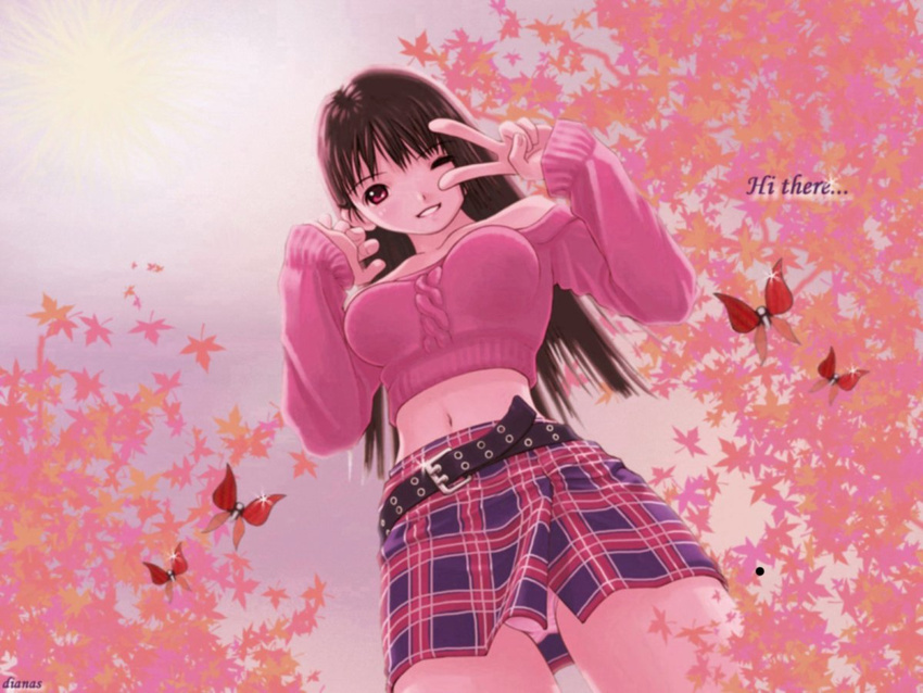 autumn belt brown_eyes brown_hair copyright_request from_below kobayashi_yuuji leaf long_hair long_sleeves looking_down midriff one_eye_closed panties pantyshot pantyshot_(standing) pink pink_panties plaid plaid_skirt skirt solo standing sweater third-party_edit underwear upskirt v v_over_eye wallpaper