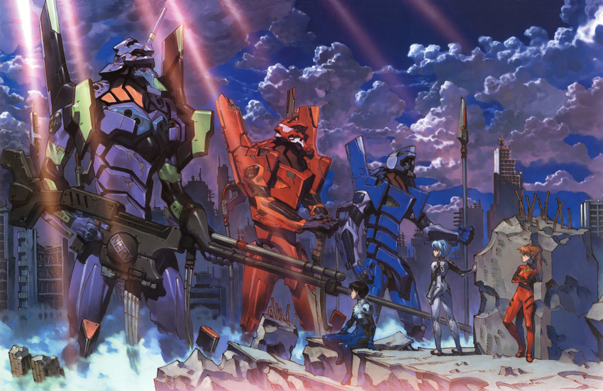 2girls ayanami_rei blue_hair brown_hair cityscape cloud dystopia eva_00 eva_01 eva_02 gun highres ikari_shinji light_rays long_hair mecha multiple_girls neon_genesis_evangelion plugsuit polearm ruins short_hair smoke souryuu_asuka_langley spear sunbeam sunlight sword weapon yoshinari_you