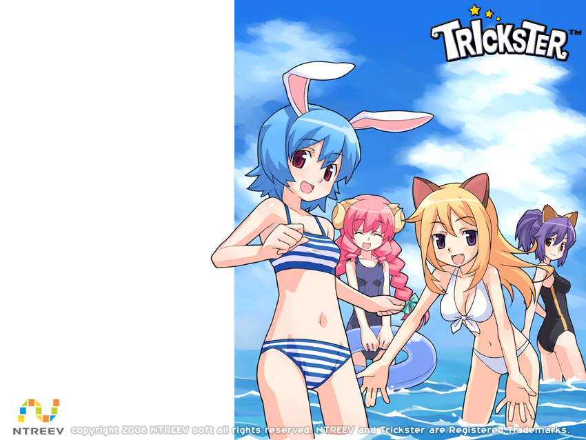 animal_ears artist_request bikini blonde_hair blue_hair braid breasts bunny_(trickster) bunny_ears cat_(trickster) cat_ears cleavage closed_eyes cloud day fang fox_(trickster) fox_ears innertube leaning_forward long_hair medium_breasts midriff multiple_girls navel one-piece_swimsuit open_mouth pink_hair purple_eyes purple_hair red_eyes school_swimsuit sheep_(trickster) sheep_ears sky small_breasts standing striped striped_bikini swimsuit trickster twin_braids wallpaper water