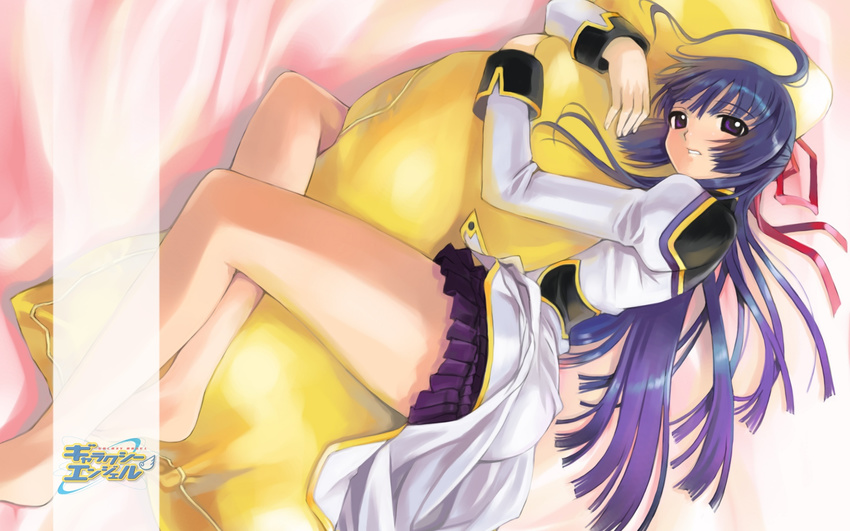 artist_request barefoot black_eyes blue_hair galaxy_angel hair_ribbon half_updo highres karasuma_chitose long_hair long_sleeves looking_at_viewer lying on_side pillow pillow_hug ribbon solo wallpaper