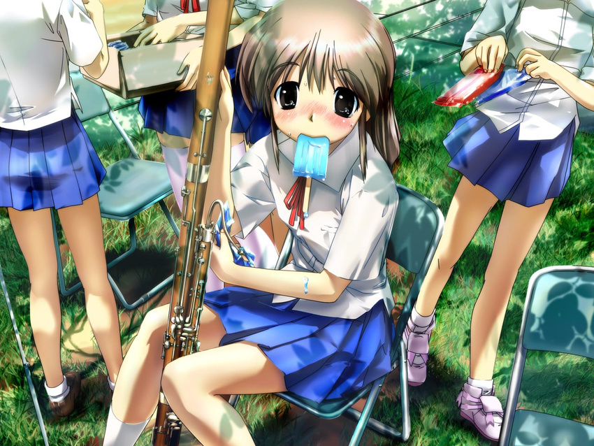 ashibe_ryou bassoon chair dappled_sunlight dripping folding_chair food grass instrument mouth_hold multiple_girls music original pleated_skirt popsicle school_uniform skirt solo_focus sunlight wallpaper