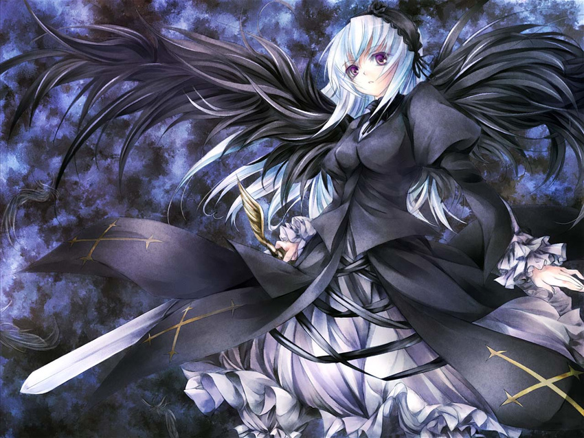 duplicate goth-loli gothic lolita_fashion pink_eyes rozen_maiden suigintou sword white_hair wings