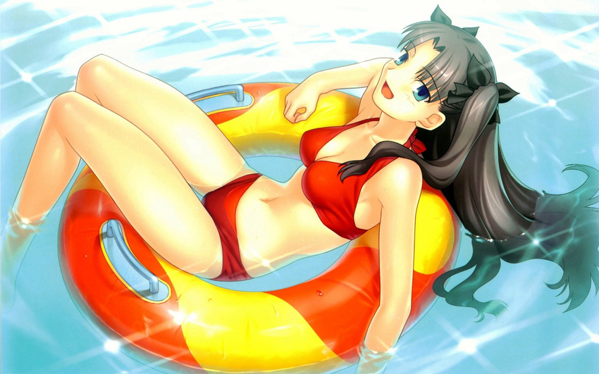 :d afloat armpits bangs bikini black_hair blue_eyes blush breasts cleavage fate/hollow_ataraxia fate/stay_night fate_(series) from_above hair_ribbon highres innertube legs light_rays long_hair long_legs lying medium_breasts navel official_art on_back open_mouth parted_bangs partially_submerged pool reclining red_bikini ribbon shiny shiny_hair smile solo sparkle sunbeam sunlight swimsuit takeuchi_takashi thigh_gap toosaka_rin two_side_up wallpaper water wet widescreen