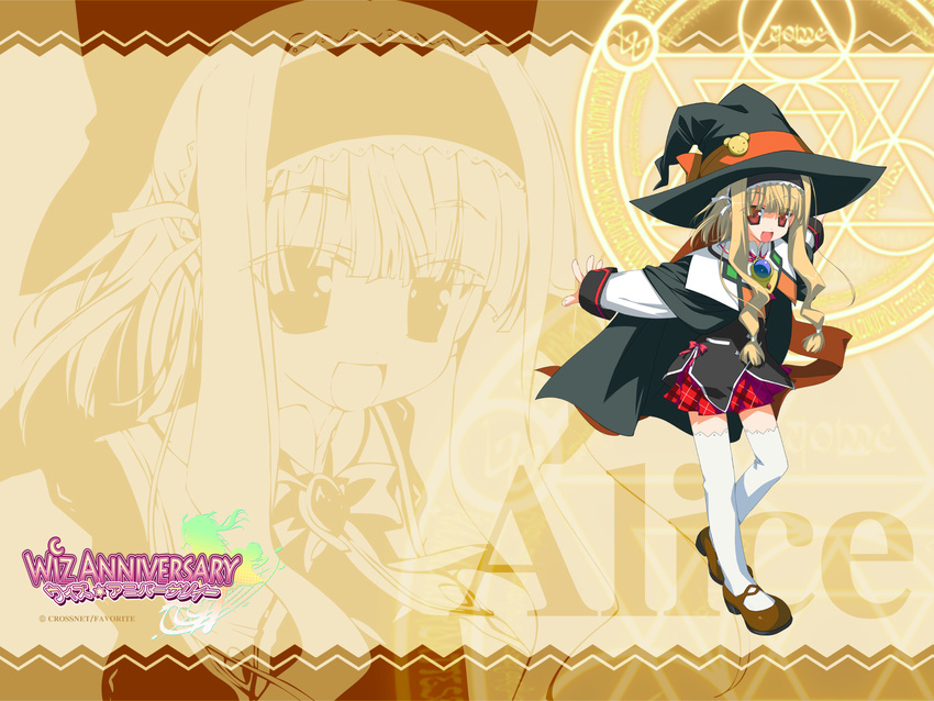 alice_alicetel_fernek blonde_hair cape character_name copyright_name hairband hat hexagram highres logo long_hair long_sleeves looking_at_viewer magic_circle miniskirt outstretched_arms plaid plaid_skirt red_eyes shida_kazuhiro skirt solo spread_arms thighhighs wallpaper white_legwear witch witch_hat wiz_anniversary yellow_background zettai_ryouiki zoom_layer