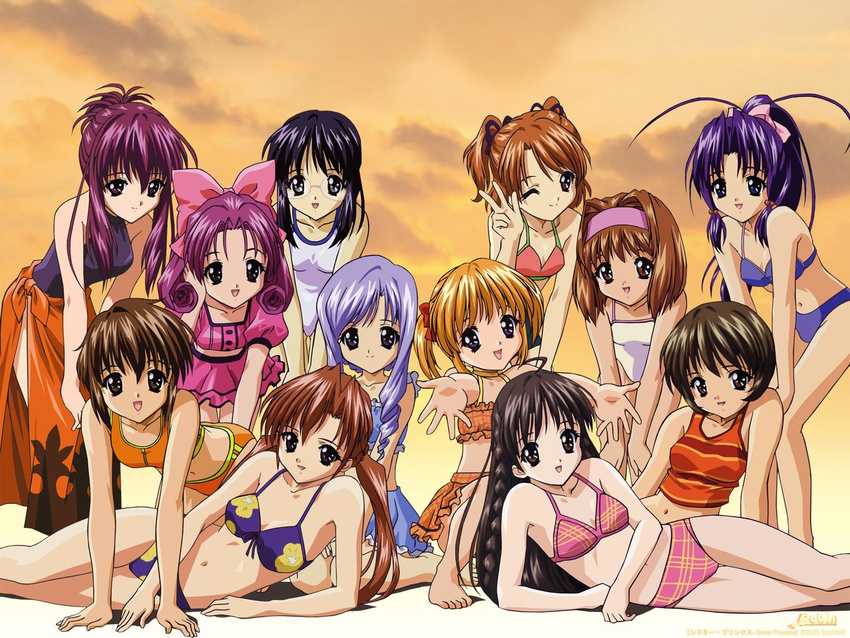 aria_(sister_princess) bikini chikage_(sister_princess) everyone floral_print frilled_bikini frills glasses haruka_(sister_princess) highres hinako_(sister_princess) kaho_(sister_princess) karen_(sister_princess) mamoru_(sister_princess) marie_(sister_princess) multiple_girls nitta_yasunari one-piece_swimsuit orange_sarong plaid plaid_bikini print_sarong rinrin_(sister_princess) sakuya_(sister_princess) sarong shirayuki_(sister_princess) sister_princess striped striped_bikini swimsuit v wallpaper yotsuba_(sister_princess)