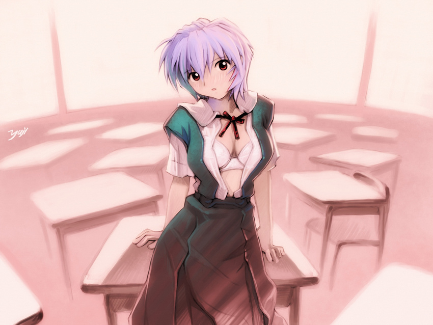 ayanami_rei blue_hair bra highres kobayashi_yuuji lingerie neon_genesis_evangelion pale_skin red_eyes school_uniform solo underwear