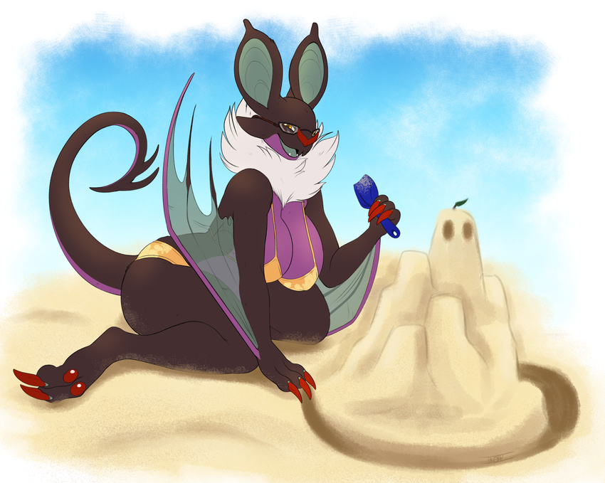 2016 anthro anthrofied barefoot bat beach big_breasts big_ears bikini blue_tongue bra breasts claws cleavage clothed clothing eyewear fur glasses half-closed_eyes hi_res iko kneeling looking_at_viewer mammal membranous_wings nintendo noivern open_mouth outside pok&eacute;mon pok&eacute;morph purple_skin raised_tail red_claws red_nose sand sand_castle sculpture seaside shovel skimpy smile solo swimsuit teeth toe_claws translucent tuft underwear video_games white_fur wings wyvern yellow_eyes