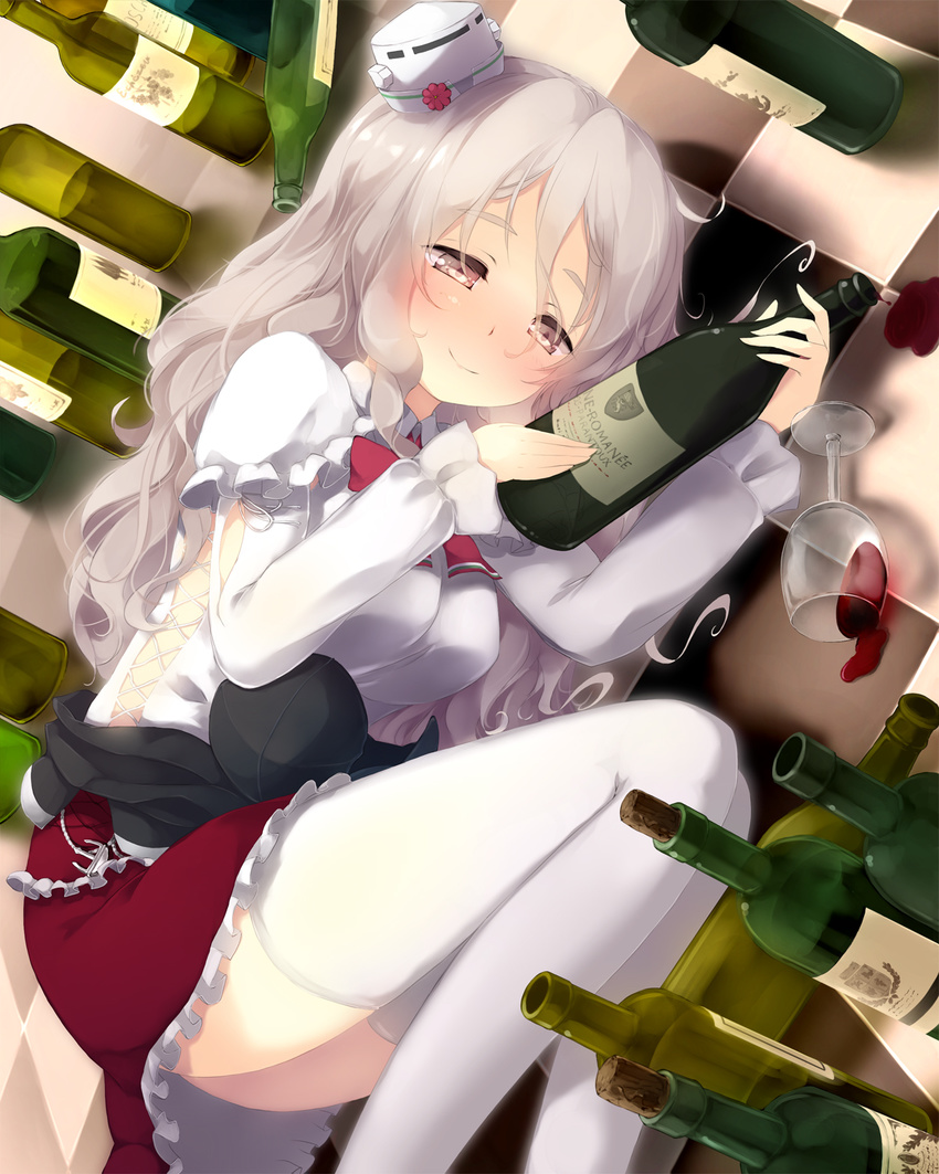 blush bottle bow bowtie breasts commentary_request cup drinking_glass drunk gengetsu_chihiro grey_eyes hat highres juliet_sleeves kantai_collection large_breasts long_hair long_sleeves lying on_floor on_side platinum_blonde_hair pola_(kantai_collection) puffy_sleeves shirt silver_hair skirt smile solo spilling thighhighs thighs tile_floor tiles tilted_headwear wavy_hair white_legwear wine_bottle wine_glass