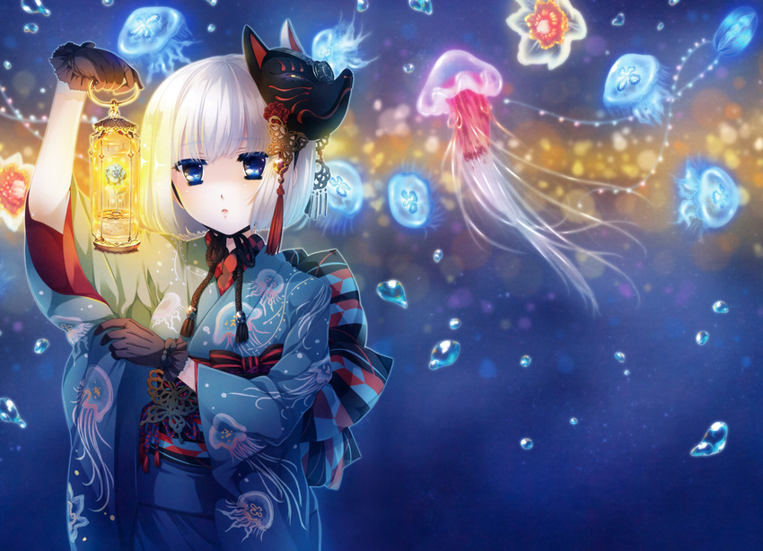 absurdres black_gloves blue_eyes gloves hair_ornament highres holding holding_lantern huge_filesize japanese_clothes katagiri_hinata kimono lantern looking_at_viewer mask original short_hair silver_hair solo yukata