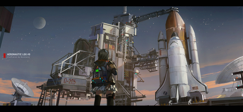 artist_name black_hair black_legwear cloud english from_behind full_moon highres holster letterboxed moon novelance number original outdoors satellite_dish skirt sky solo space_craft space_shuttle standing star_(sky) thigh_holster thighhighs