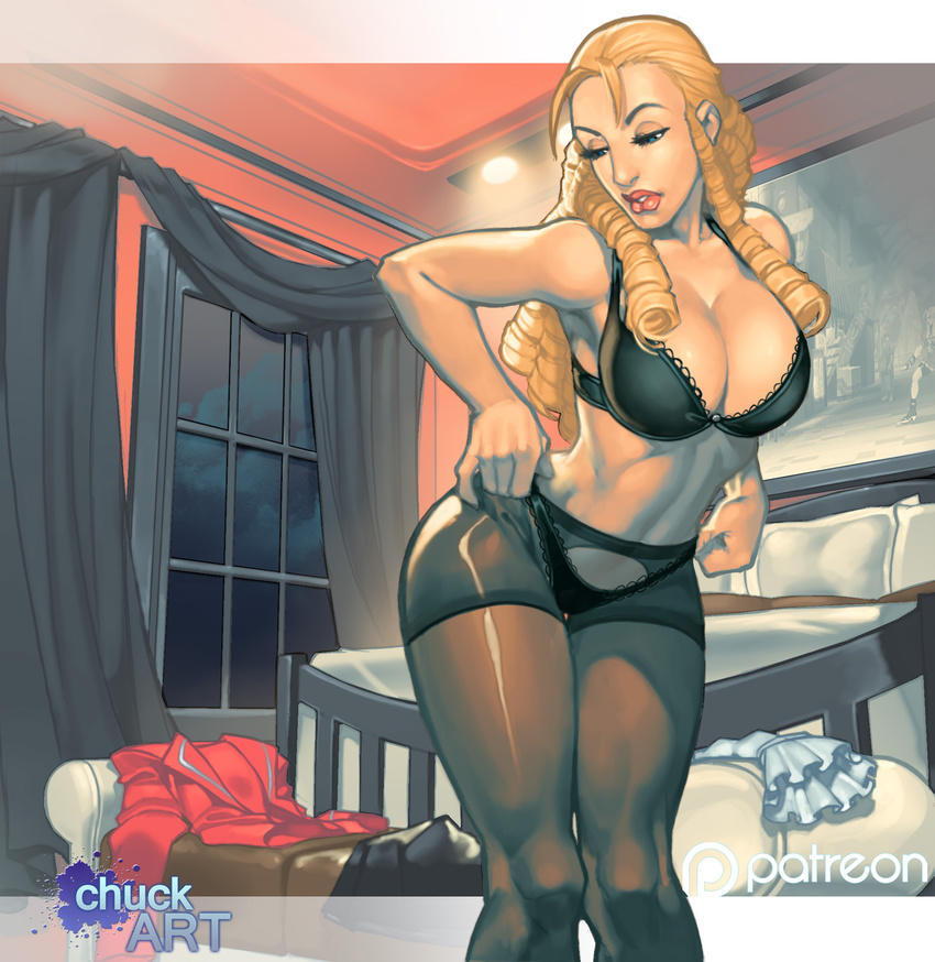 bed blonde_hair bra breasts chuck_pires cleavage cowboy_shot dressing drill_hair forehead highres kanzuki_karin large_breasts lips lipstick long_hair makeup navel panties panties_over_pantyhose pantyhose slender_waist solo stomach street_fighter street_fighter_v underwear underwear_only window