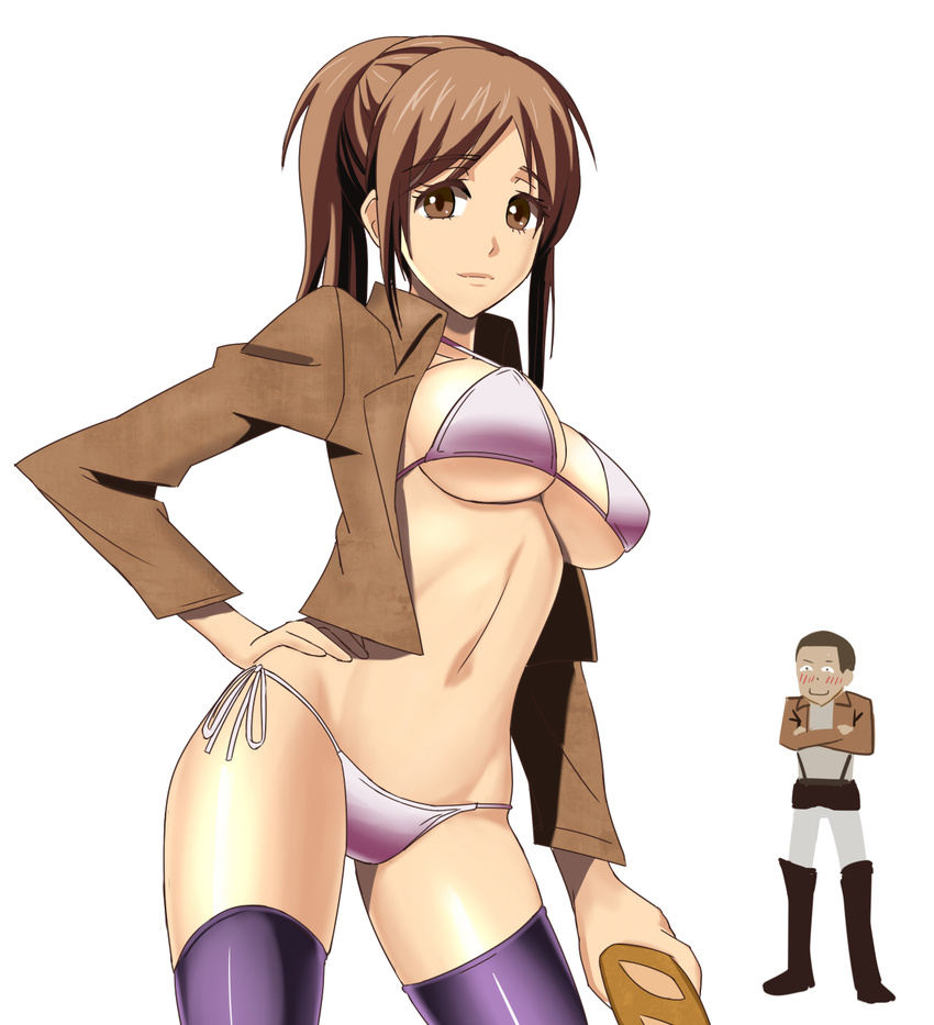 1girl bikini black_legwear bread breasts brown_eyes brown_hair brown_shirt connie_springer crossed_arms food hand_on_hip highres holding holding_food large_breasts long_hair looking_at_viewer navel open_clothes open_shirt paradis_military_uniform ponytail purple_bikini sasha_braus shingeki_no_kyojin shirt side-tie_bikini sideboob simple_background strap_gap swimsuit taka_(takahirokun) thighhighs underboob white_background