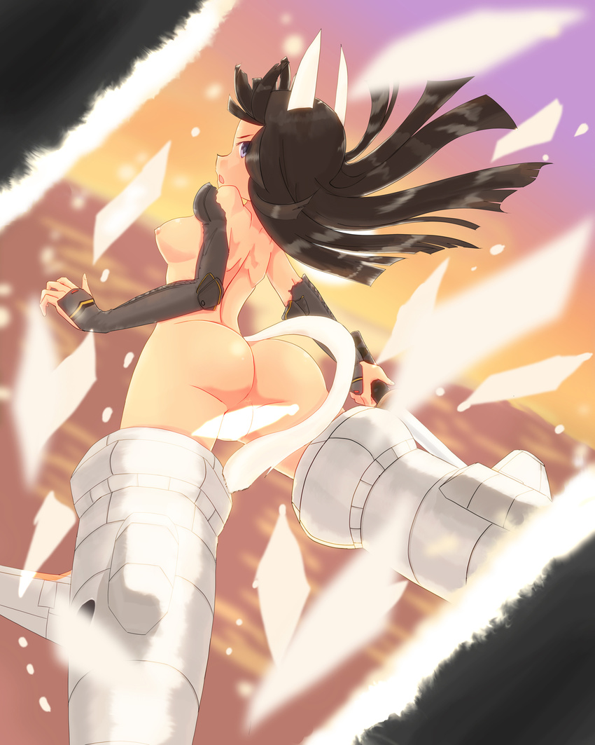 anabuki_tomoko animal_ears ass black_hair blue_eyes breasts convenient_censoring elbow_gloves flying fox_ears fox_tail gloves highres long_hair looking_at_viewer looking_back nameshikawa nipples nude open_mouth small_breasts solo striker_unit tail torn_clothes world_witches_series