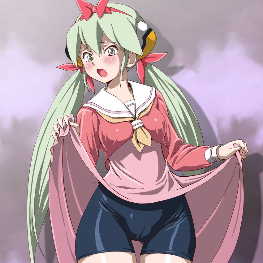 bike_shorts bow breasts commentary_request cosplay dress_shirt esmeralda_(otomedius) green_eyes green_hair hayate_no_gotoku! highres itou_shizuka katsura_hinagiku katsura_hinagiku_(cosplay) koyopi long_hair medium_breasts otomedius otomedius_excellent seiyuu_connection shirt skirt solo