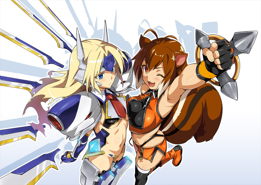 :&lt; ;3 ;d ahoge animal_ears antenna_hair arm_up armor armpits asymmetrical_docking black_gloves black_legwear blazblue blazblue:_chronophantasma blonde_hair blue_eyes blush boots breast_press breasts brown_hair buckle clenched_hand cowboy_shot crop_top crotch_plate elbow_gloves fingerless_gloves floating_hair forehead_protector from_above from_side gloves gradient gradient_background knee_boots large_breasts long_hair looking_at_viewer makoto_nanaya mecha_musume mechanical_wings midriff miniskirt mu-12 multicolored_hair multiple_girls navel necktie neon_trim official_art one_eye_closed open_mouth orange_eyes outline raised_fist robot_ears shadow short_hair side_slit skirt sleeveless small_breasts smile squirrel_ears squirrel_tail standing standing_on_one_leg tail takeda_hiromitsu thighhighs turtleneck two-tone_hair underboob very_long_hair white_background white_hair wings