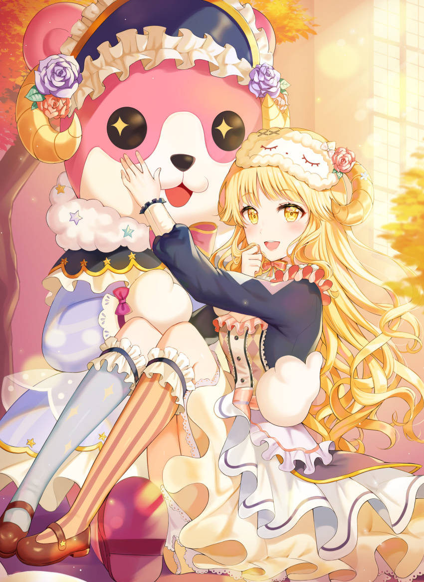 +_+ 2girls :d absurdres bang_dream! bangs blonde_hair blue_legwear blurry blush brown_footwear curled_horns depth_of_field dress eyebrows_visible_through_hair fake_horns frilled_dress frills headdress highres kneehighs knees_up long_hair looking_at_viewer mary_janes michelle_(bang_dream!) mismatched_legwear multiple_girls open_mouth orange_legwear shoes sitting sleep_mask smile striped striped_legwear tokkyu_(user_mwwe3558) tsurumaki_kokoro upper_teeth wavy_hair yellow_eyes