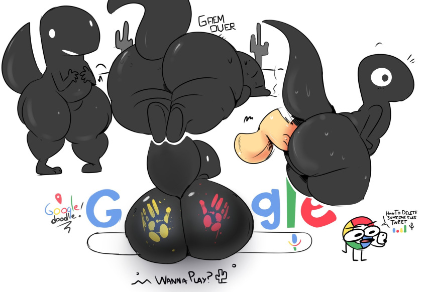 ambiguous_gender anthro balls big_butt butt cactus dinosaur dinosaur_(google_chrome) disembodied_penis duo elchilenito english_text google handprint huge_butt male male/ambiguous multiple_images penetration penis reptile scalie sex solo text thick_thighs