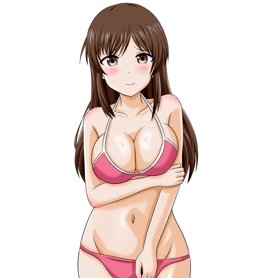 bikini blush breasts brown_eyes brown_hair highres idolmaster idolmaster_cinderella_girls large_breasts long_hair navel nitta_minami simple_background solo swimsuit takumi_(rozen_garten)