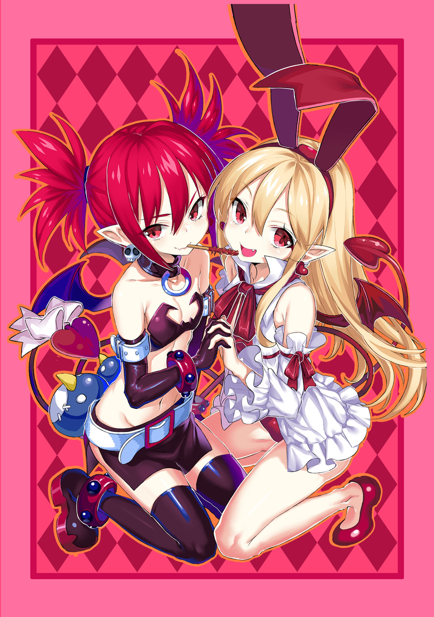:d absurdres bare_legs bat_wings belt black_gloves black_legwear blonde_hair blush boots bow breasts collar demon_girl demon_tail detached_sleeves disgaea earrings elbow_gloves etna fang flonne flonne_(fallen_angel) food gloves hairband heart heart_earrings highres holding_hands interlocked_fingers jewelry kikimi long_hair looking_at_viewer makai_senki_disgaea miniskirt mouth_hold multiple_girls navel no_socks open_mouth pocky pointy_ears prinny red_eyes red_hair ribbon skirt skull_earrings small_breasts smile tail tail_bow thigh_boots thighhighs wings zettai_ryouiki