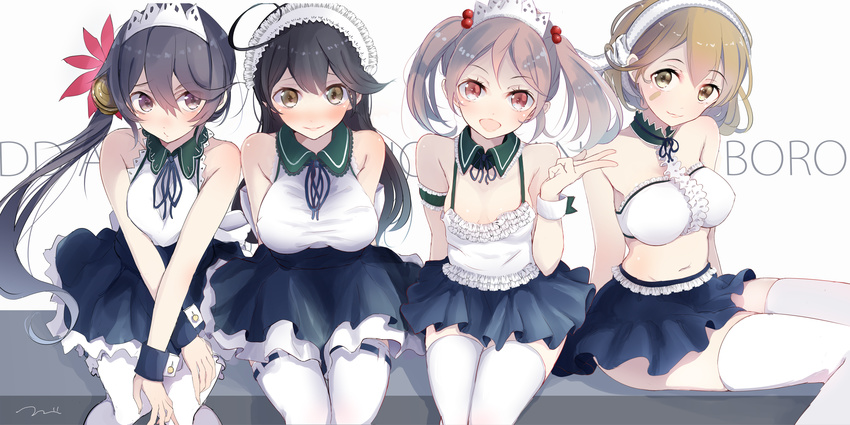 ahoge akebono_(kantai_collection) alternate_costume apron bandaid bandaid_on_face bell black_hair breasts enmaided flower frills hair_bell hair_bobbles hair_flower hair_ornament highres jingle_bell kantai_collection large_breasts long_hair loose_clothes loose_shirt maid maid_headdress multiple_girls oboro_(kantai_collection) pink_eyes pink_hair purple_eyes purple_hair sazanami_(kantai_collection) shirt short_hair side_ponytail sitting small_breasts tebi_(tbd11) thighhighs twintails ushio_(kantai_collection) very_long_hair wrist_cuffs zettai_ryouiki