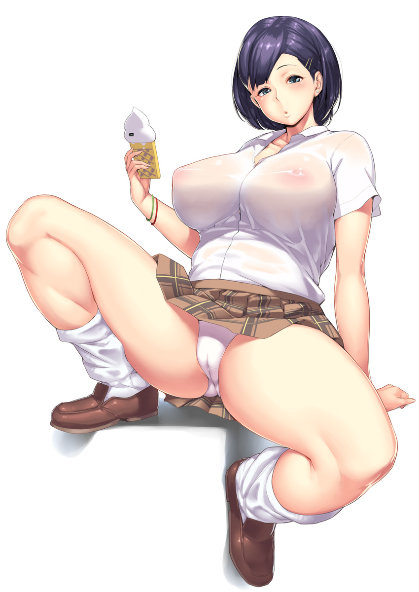 areolae bad_proportions black_hair blue_eyes blush breasts cameltoe cellphone covered_nipples earrings hakai_shin highres jewelry large_breasts looking_at_viewer nipples open_mouth panties phone plaid plaid_skirt see-through shirt short_hair simple_background skirt solo spread_legs underwear white_background white_legwear white_shirt