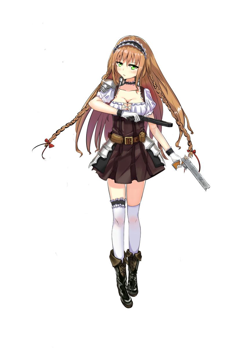 absurdres armor armored_dress belt_pouch bow braid breasts brown_hair choker dot_nose dual_wielding fia finger_on_trigger full_body gloves green_eyes gun hair_bow hair_ornament highres holding holding_gun holding_weapon impossible_clothes large_breasts long_hair looking_at_viewer maid_headdress original pouch puffy_short_sleeves puffy_sleeves short_sleeves shoulder_armor simple_background solo thighhighs trigger_discipline twin_braids weapon white_background white_legwear wristband zettai_ryouiki