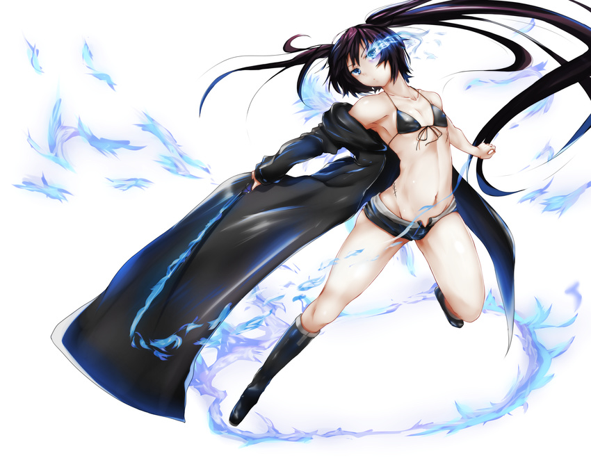 absurdres armpits bare_shoulders bikini_top black_bikini_top black_footwear black_hair black_jacket black_rock_shooter black_rock_shooter_(character) black_shorts blue_eyes book boots burning_eye flaming_sword flat_chest full_body highres holding holding_book jacket knee_boots long_hair long_jacket midriff off_shoulder open_clothes open_fly open_jacket scar shishin_(shishintei) short_shorts shorts simple_background solo twintails very_long_hair white_background