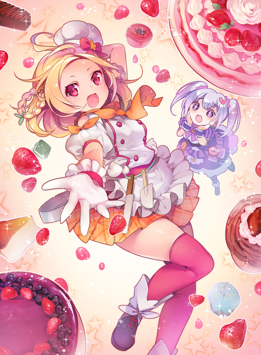 2girls :d apron black_footwear blonde_hair blueberry bow cake cheesecake chef_hat cupcake dress flower_knight_girl food food_themed_background fruit gloves hands_on_own_face hat hat_bow highres iberis_(flower_knight_girl) looking_at_viewer mg_kurino multiple_girls open_mouth orange_scarf orange_skirt outstretched_hand plaid plaid_skirt pleated_skirt puffy_sleeves purple_dress purple_eyes red_bow red_eyes red_legwear scarf shoes short_hair silver_hair skirt smile spatula star strawberry thighhighs twintails whipped_cream white_gloves yadorigi_(flower_knight_girl) zettai_ryouiki