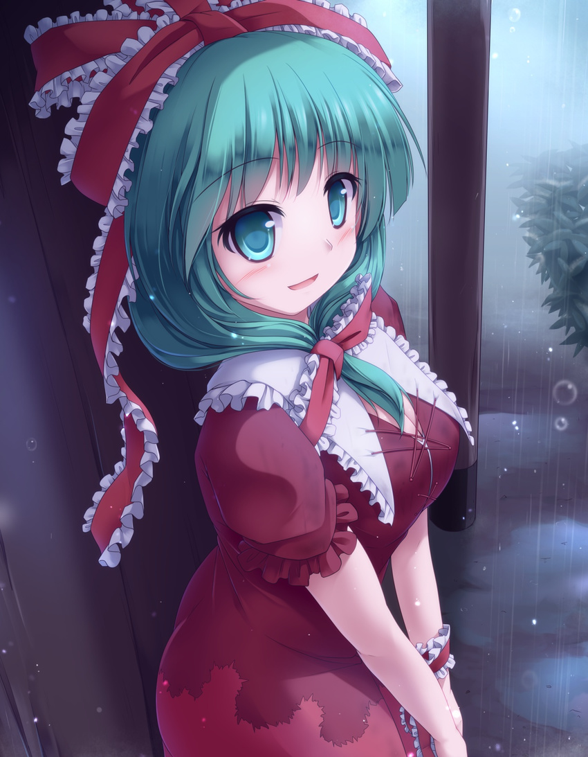 aqua_eyes aqua_hair bow breasts cleavage commentary_request dress front_ponytail hair_bow highres kagiyama_hina large_breasts long_hair looking_at_viewer lzh open_mouth rain red_dress ribbon shelter smile solo touhou wrist_ribbon